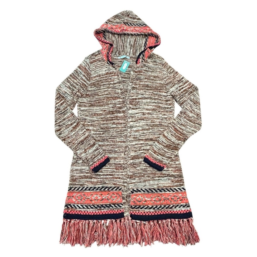 Maurices Hooded Southwestern Cardigan Boho Western Fringe Marled Knit Sweater